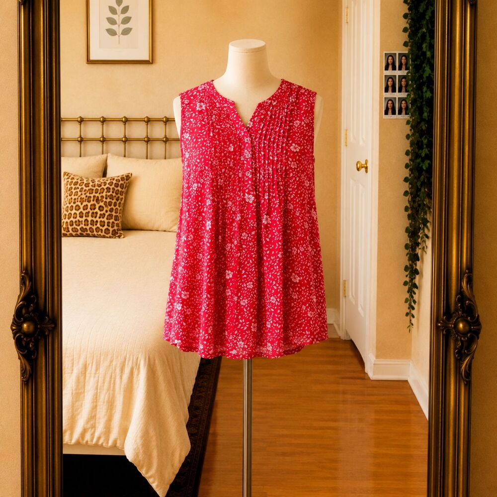 NWT Charter Club Red White Floral Leaf Print Sleeveless Pintuck Blouse Top XL